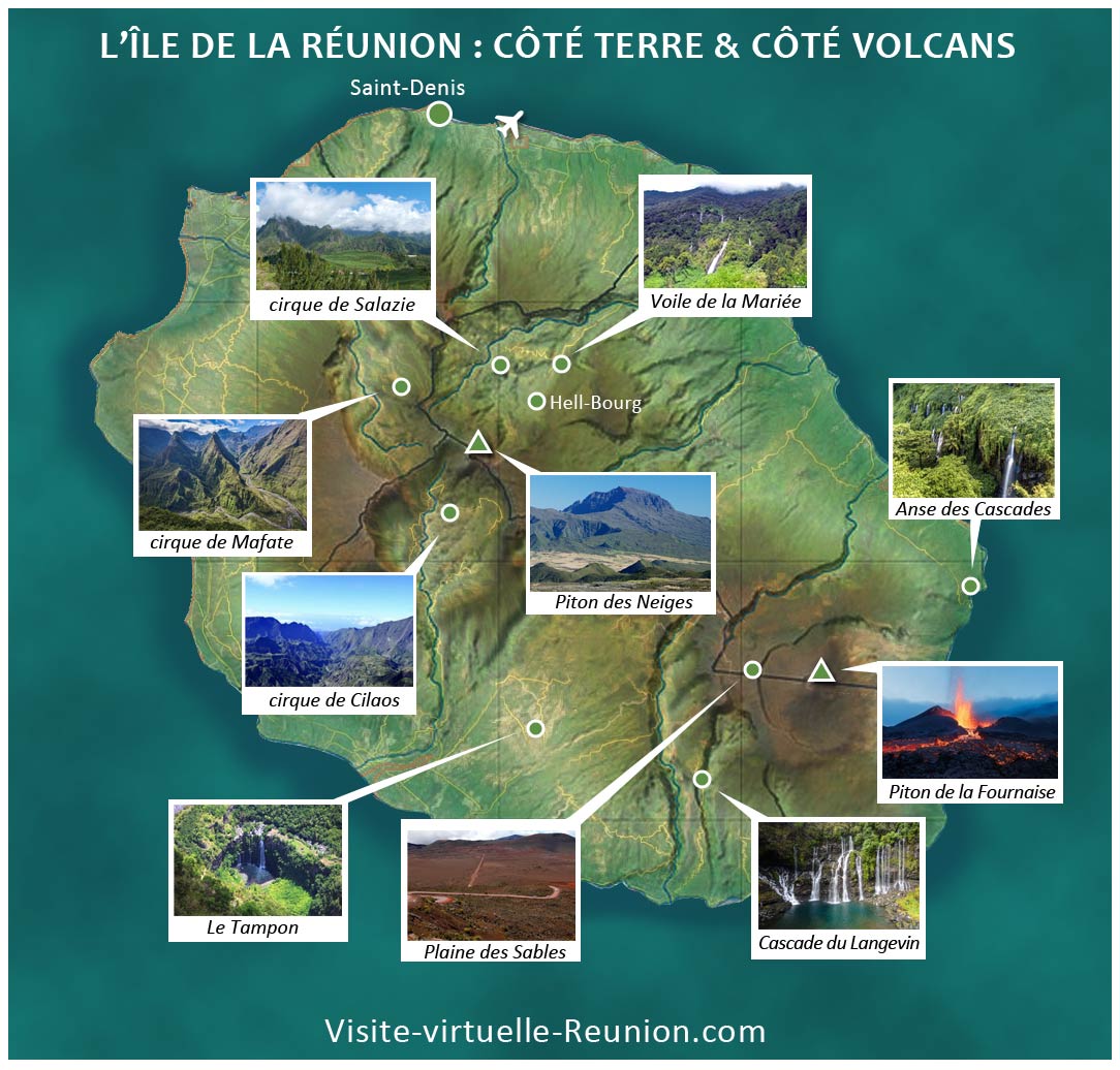 Carte sites d'intérêt, randonnées et excursion île de la Réunion